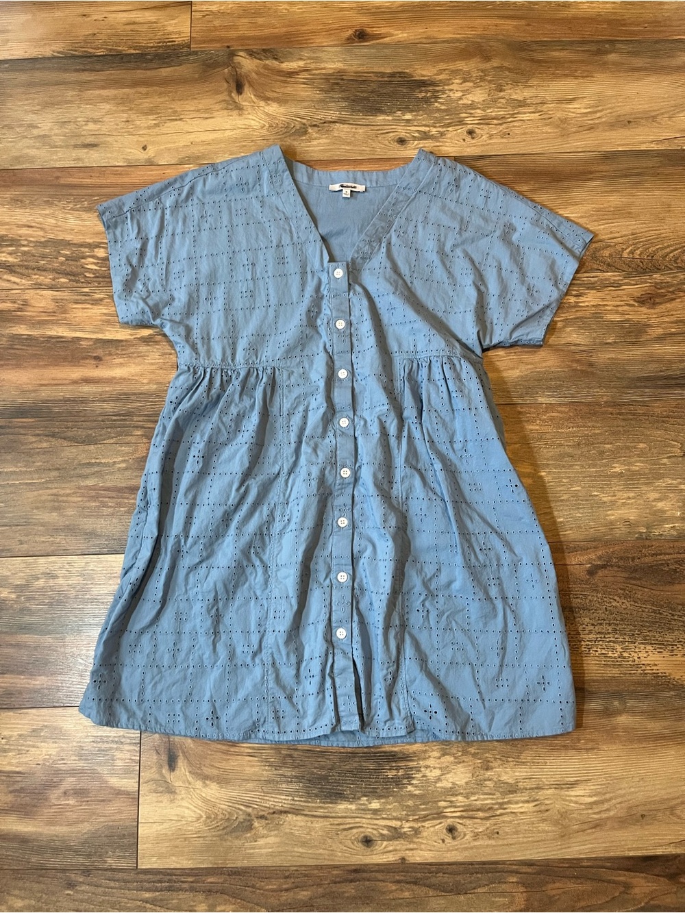 Madewell Women’s Blue Eyelet Embroidered Button Front Short Sleeve Dress Size M